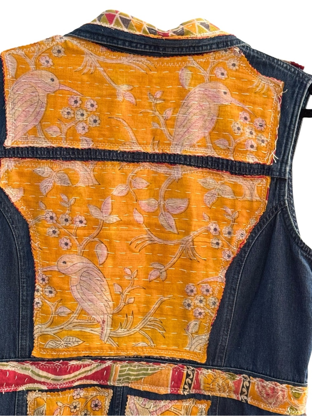Upcycled Denim Duster Vest Kantha Patchwork Boho Wearable Art Festival Jacket L - Picture 6 of 8